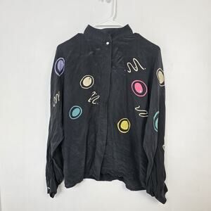 Vintage Chaus Black‎ Multicolor 100% Silk 80s Party Button Up Shirt Size 10